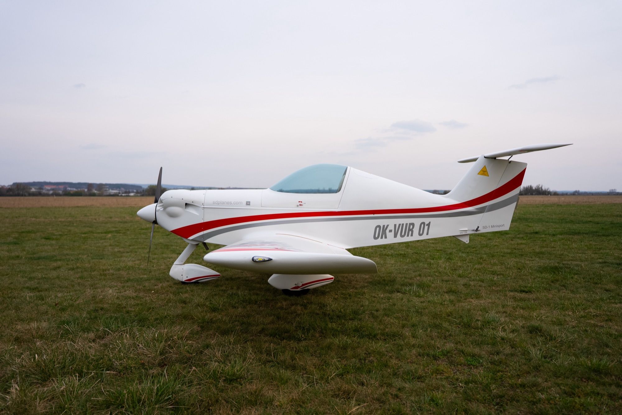 Tricycle-gear SD-1 Minisport parked on grass, side view